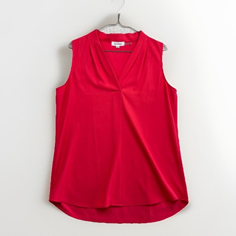 Calvin Klein Sleeveless Blouse Women’s Sz M Coral Pink V-Neck Top Lightweight *